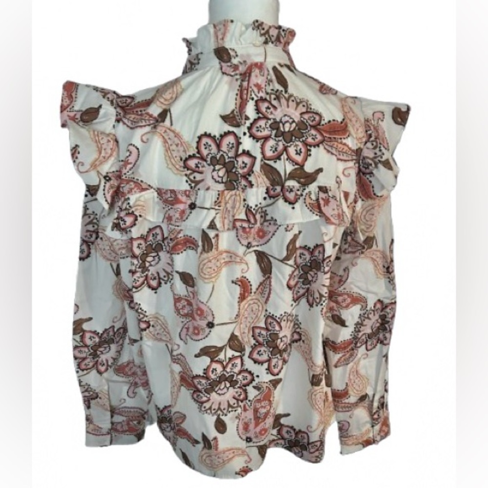 100% Cotton Country Western Floral Ruffle Blouse Floral Cottage Top Shirt Medium